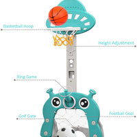 EALING BABY 5-in-1 Toddler Basketball Hoop IndoorSports Activity Center -Soccer Goal, Golf, Ring Toss -Durable Play Set With Balls, Clubs, Pump, Rings -Multi-functionIndoorToddler Sports ToyFor Kids 3-12 Years Old –Green UFO