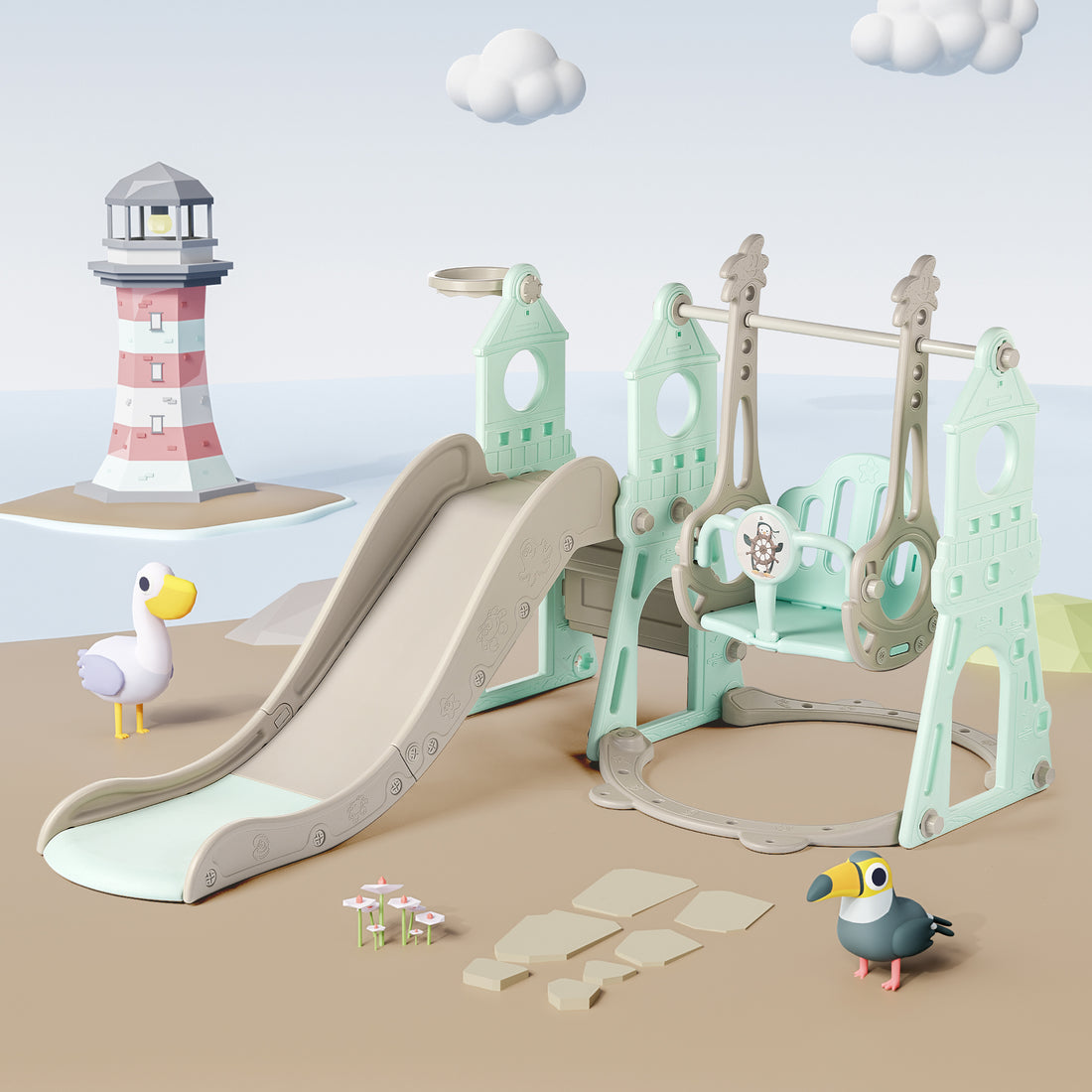 Duke Baby 4 in1 Swing and Slide Playset with Basketball Hoop - Mint Green