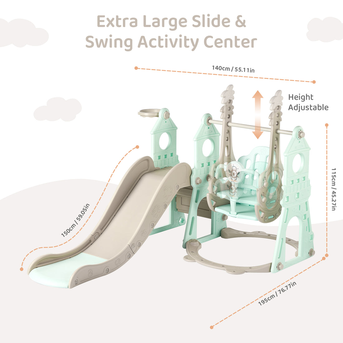 Duke Baby 4 in1 Swing and Slide Playset with Basketball Hoop - Mint Green