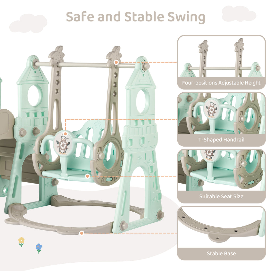 Duke Baby 4 in1 Swing and Slide Playset with Basketball Hoop - Mint Green