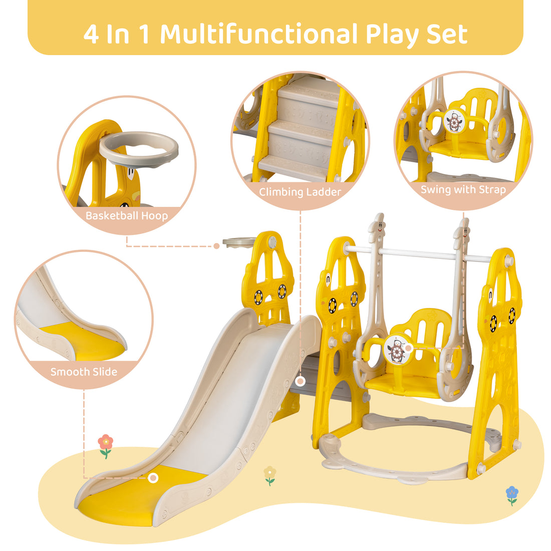 Duke Baby 4 in1 Swing and Slide Playset with Basketball Hoop - Yellow