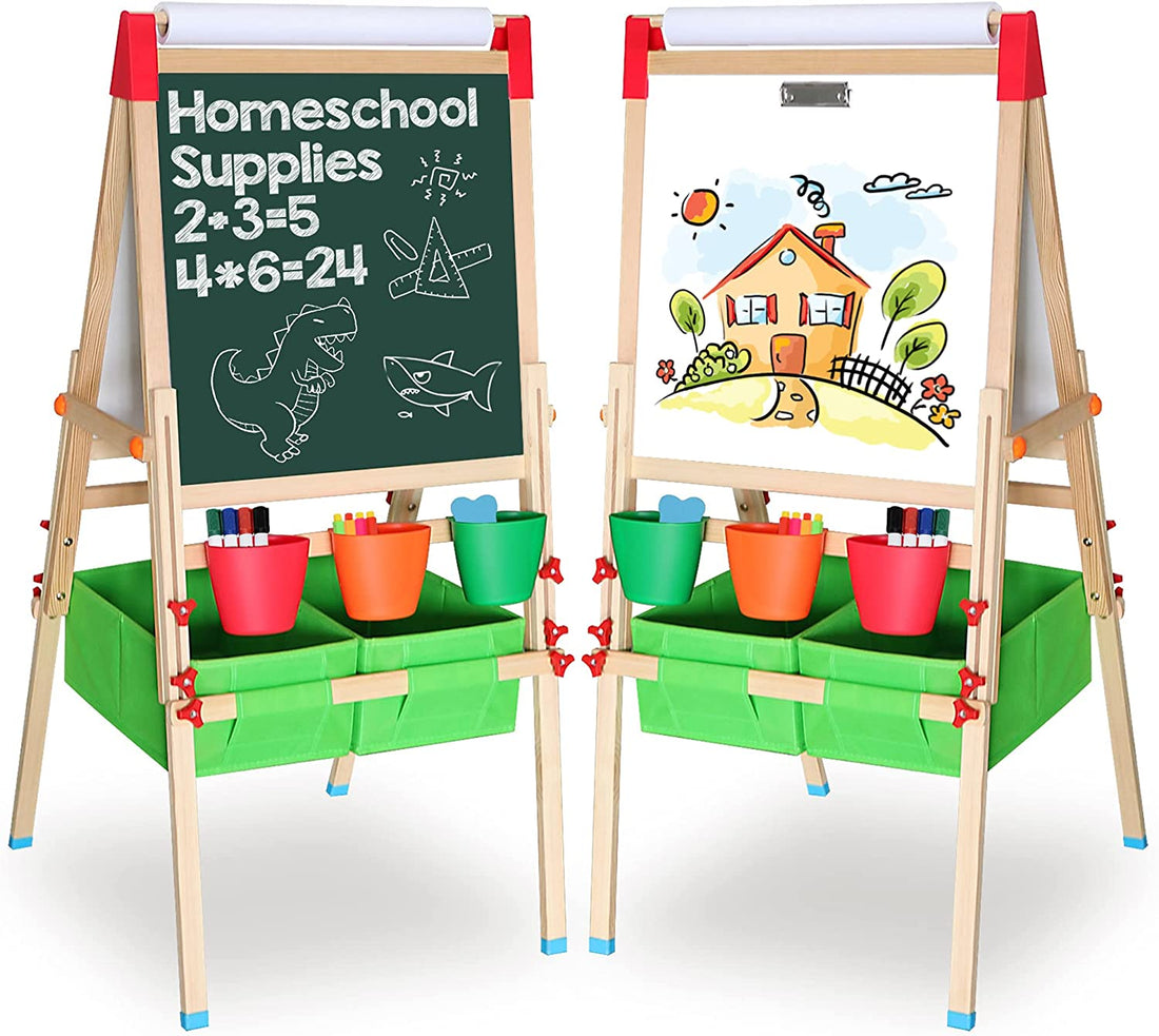 Ealing Baby Art Easel for Kids-3-In-1Art Easelwith Dry-Erase Board, Chalkboard and Paper Roll -Standing Art Easelwith Art Supply Storage, Magnetic Letter and Numbers–GreenColorLearningKid Easel