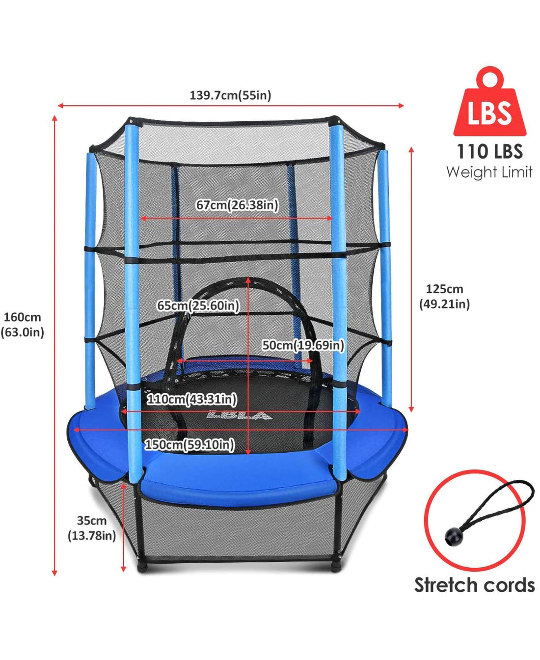 EALING BABY 55-Inch Trampoline with EnclosureNet -Mini Trampoline with Safety Pad and Springs -Toddler Trampoline with Heavy Duty 6 Legs -Trampoline for Kids& Toddlers -Outdoor/indoor Trampoline--Blue
