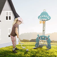 EALING BABY 5-in-1 Toddler Basketball Hoop IndoorSports Activity Center -Soccer Goal, Golf, Ring Toss -Durable Play Set With Balls, Clubs, Pump, Rings -Multi-functionIndoorToddler Sports ToyFor Kids 3-12 Years Old –Green UFO