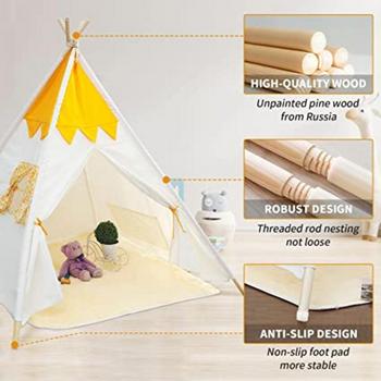 EALING BABY Kids Teepee Tent-Foldable Cotton Canvas Kids Playhouse with Tent Mat -Teepee Tent with Windows and Door Curtains -Outdoor andIndoor Playhouse-White and YellowPlay Tent for Boys and Girls