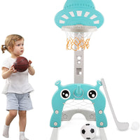 EALING BABY 5-in-1 Toddler Basketball Hoop IndoorSports Activity Center -Soccer Goal, Golf, Ring Toss -Durable Play Set With Balls, Clubs, Pump, Rings -Multi-functionIndoorToddler Sports ToyFor Kids 3-12 Years Old –Green UFO
