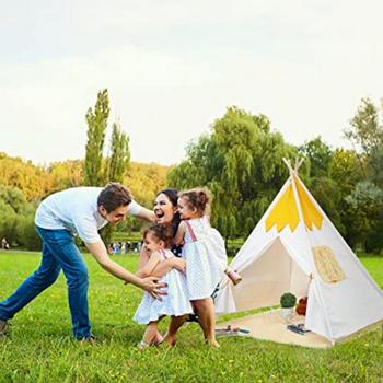 EALING BABY Kids Teepee Tent-Foldable Cotton Canvas Kids Playhouse with Tent Mat -Teepee Tent with Windows and Door Curtains -Outdoor andIndoor Playhouse-White and YellowPlay Tent for Boys and Girls