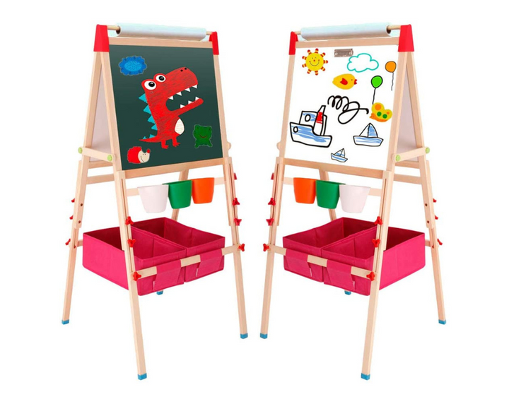 EALING BABY Art Easel for Kids-3-In-1Art Easel with Dry-Erase Board, Chalkboard and Paper Roll -Standing Art Easel with Art Supply Storage, Magnetic Letter and Numbers -Red Learning Kid Easel