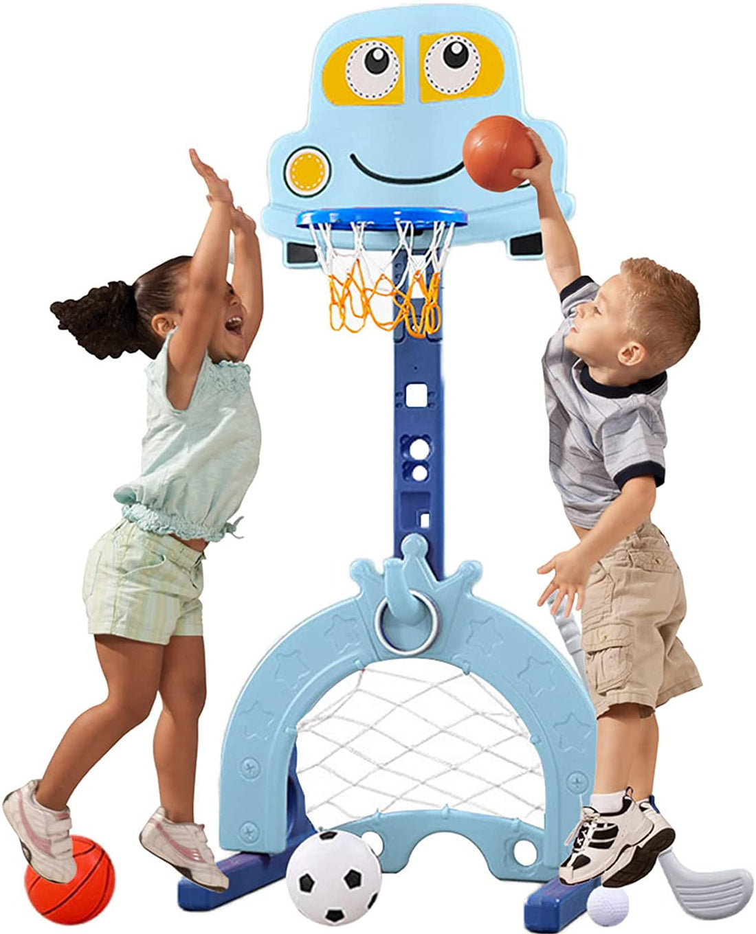 EALING BABY 5-in-1 Toddler Basketball Hoop IndoorSports Activity Center -Soccer Goal, Golf, Ring Toss -Durable Play SetWith Balls, Clubs, Pump, Rings -Multi-functionIndoorToddler Sports Toy For Kids 3-12 Years Old –Blue