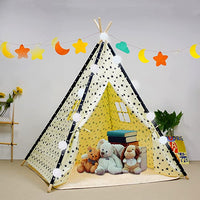 EALING BABY Kids Teepee Tent-Foldable Cotton Canvas Kids Playhouse with Tent Mat -Teepee Tent with Windows and Door Curtains -Outdoor andIndoor Playhouse- White Star Play Tent for Boys and Girls