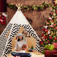 EALING BABY Kids Teepee Tent-Foldable Cotton Canvas Kids Playhouse with Tent Mat -Teepee Tent with Windows and Door Curtains -Outdoor andIndoor Playhouse- White Chevron Play Tent for Boys and Girls