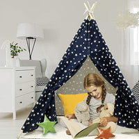 EALING BABY Kids Teepee Tent-Foldable Cotton Canvas Kids Playhouse with Tent Mat -Teepee Tent with Windows and Door Curtains -Outdoor andIndoor Playhouse-Navy Star Play Tent for Boys and Girls