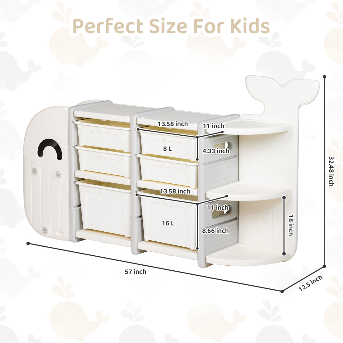 DUKE BABY Kids Small 3 Layer Toy Storage Organizer with 6 Storage Bins and Display Bookshelves for Kids Playroom Bedrooms Age 1-12, Whale Collection White
