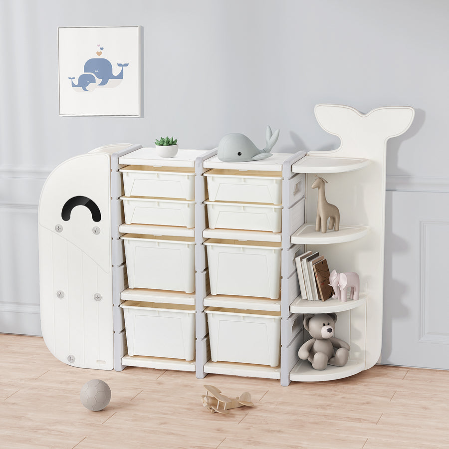 DUKE BABY Kids Large 4 Layer Toy Storage Organizer with 8 Storage Bins and Display Bookshelves for Kids Playroom Bedrooms Age 1-12, Whale Collection White