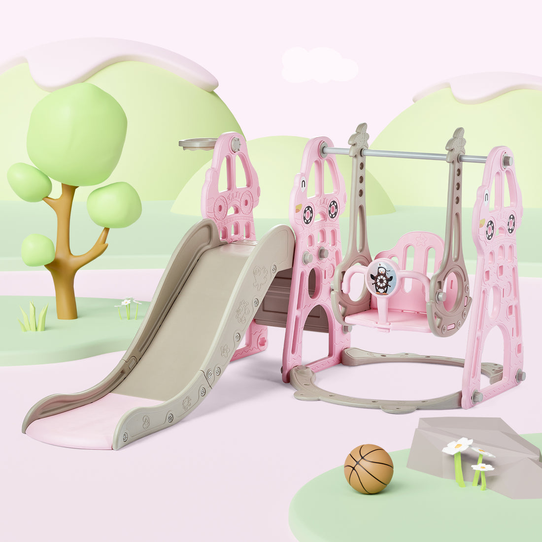 Duke Baby 4 in1 Swing and Slide Playset with Basketball Hoop - Pink