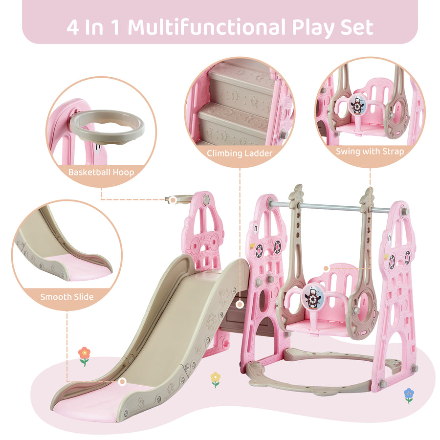 Duke Baby 4 in1 Swing and Slide Playset with Basketball Hoop - Pink