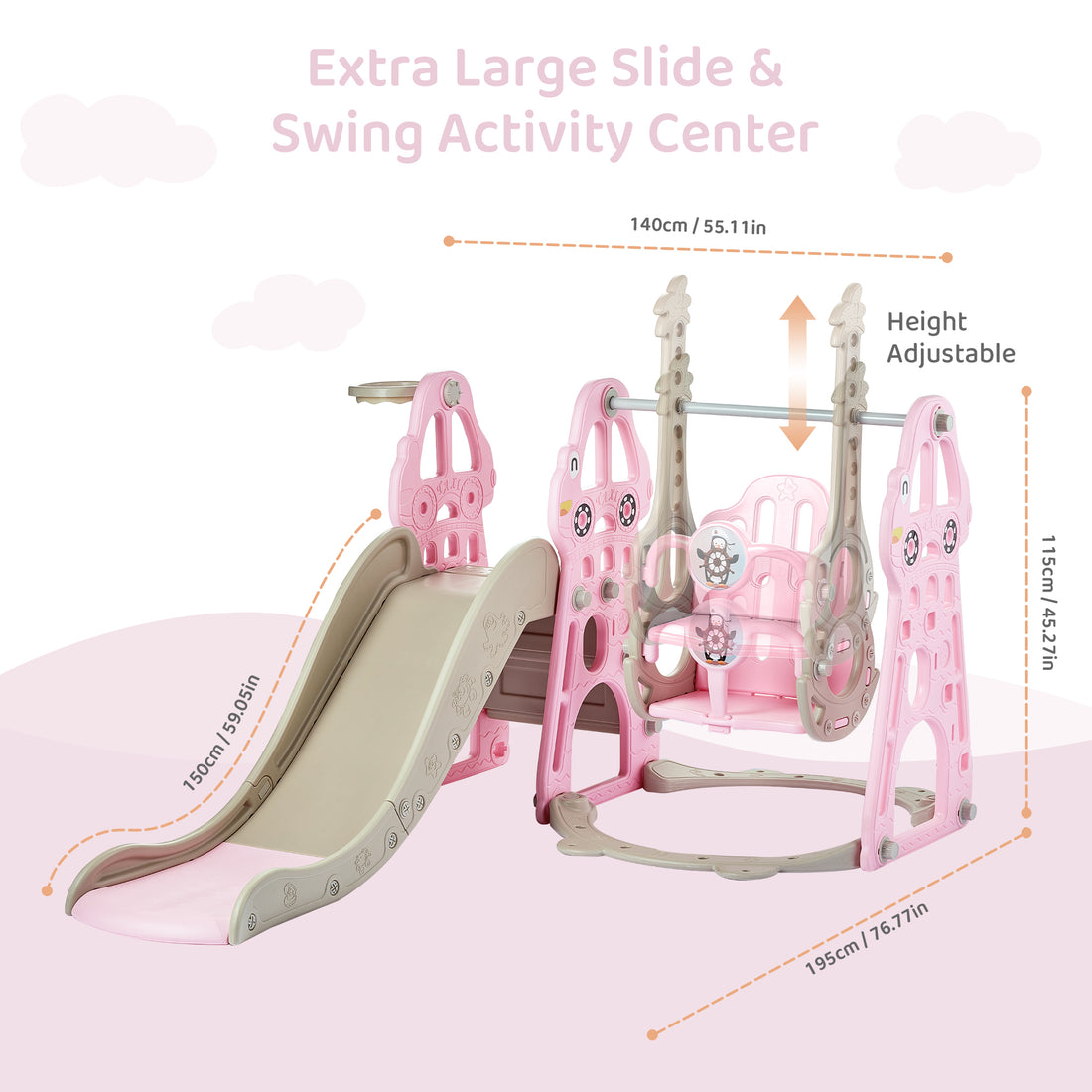 Duke Baby 4 in1 Swing and Slide Playset with Basketball Hoop - Pink