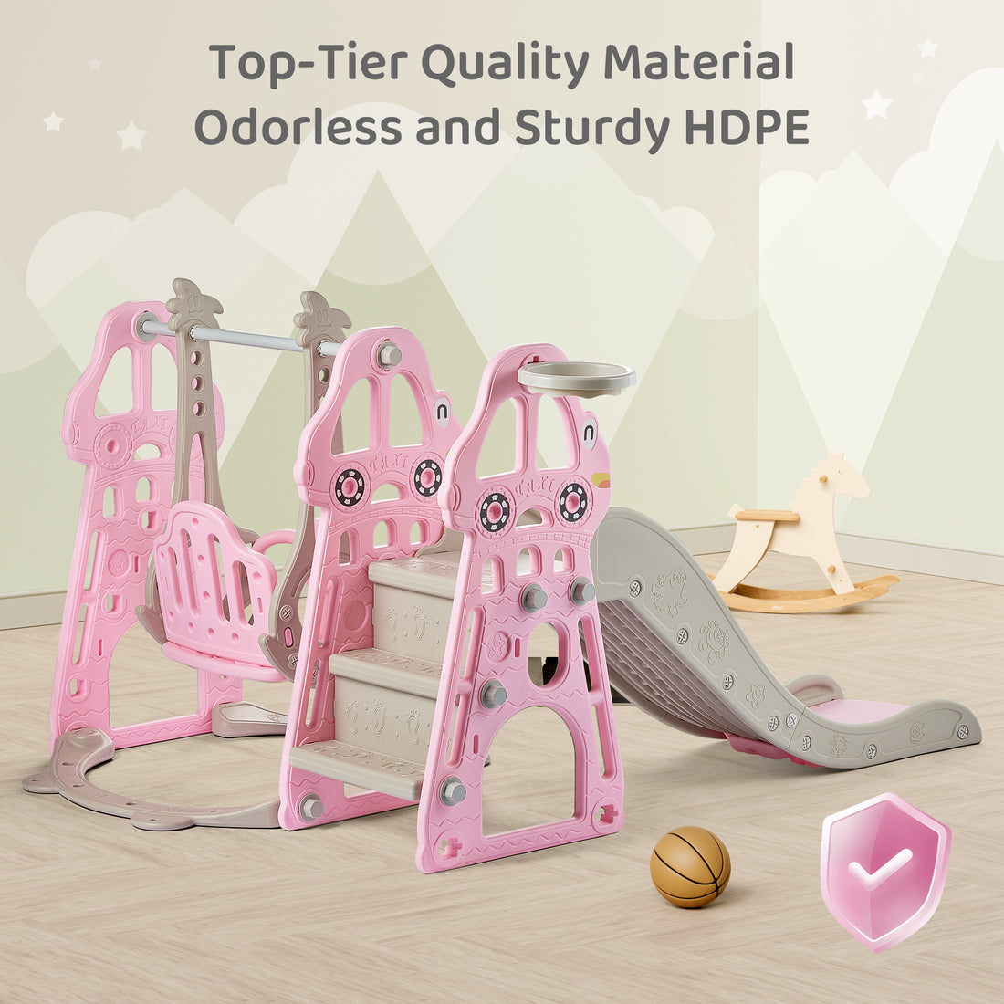 Duke Baby 4 in1 Swing and Slide Playset with Basketball Hoop - Pink