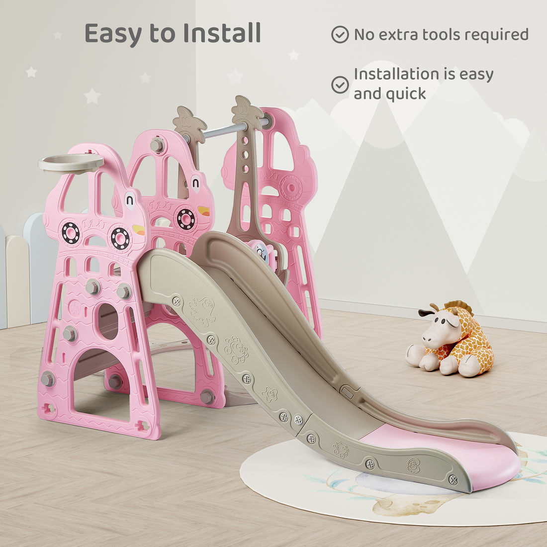 Duke Baby 4 in1 Swing and Slide Playset with Basketball Hoop - Pink