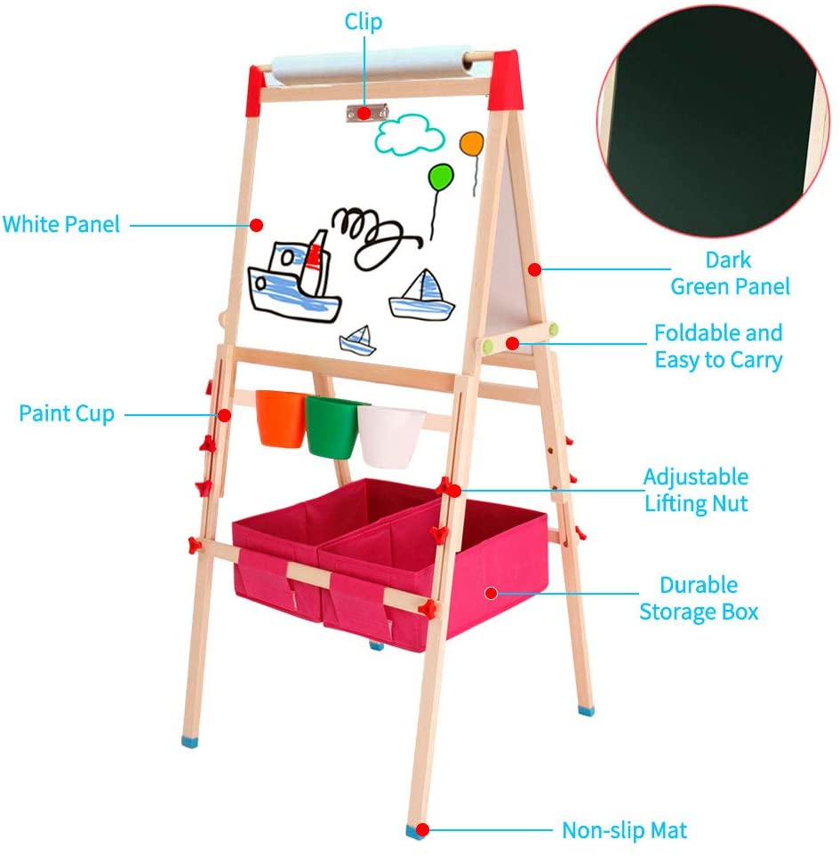 EALING BABY Art Easel - Wood Frame with Storage Boxes - Red