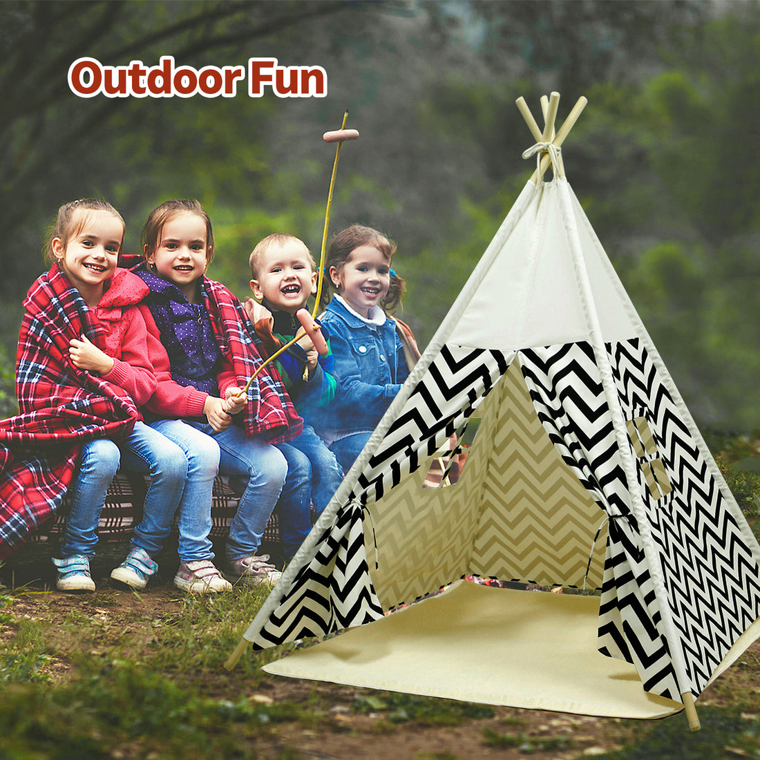 EALING BABY Kids Teepee Tent-Foldable Cotton Canvas Kids Playhouse with Tent Mat -Teepee Tent with Windows and Door Curtains -Outdoor andIndoor Playhouse- White Chevron Play Tent for Boys and Girls