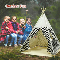 EALING BABY Kids Teepee Tent-Foldable Cotton Canvas Kids Playhouse with Tent Mat -Teepee Tent with Windows and Door Curtains -Outdoor andIndoor Playhouse- White Chevron Play Tent for Boys and Girls