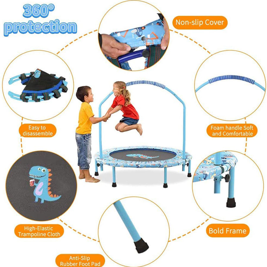 EALING BABY 38'' Kids Trampoline-Mini Trampoline With Foldable Bungee -Toddler TrampolineWith Rebounder Adjustable Handrail And Padded Cover -Blue Dinosaur Outdoor-Indoor Trampoline For Exercise