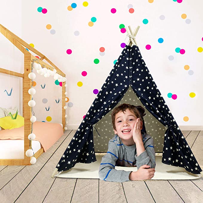 EALING BABY Kids Teepee Tent-Foldable Cotton Canvas Kids Playhouse with Tent Mat -Teepee Tent with Windows and Door Curtains -Outdoor andIndoor Playhouse-Navy Star Play Tent for Boys and Girls
