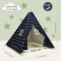 EALING BABY Kids Teepee Tent-Foldable Cotton Canvas Kids Playhouse with Tent Mat -Teepee Tent with Windows and Door Curtains -Outdoor andIndoor Playhouse-Navy Star Play Tent for Boys and Girls