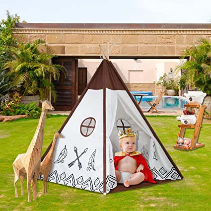 EALING BABY Kids Teepee Tent-Foldable Cotton Canvas Kids Playhouse with Tent Mat -Teepee Tent with Windows and Door Curtains -Outdoor andIndoor Playhouse-White and BrownPlay Tent for Boys and Girls