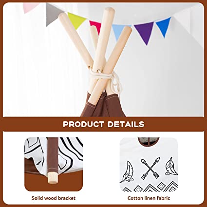 EALING BABY Kids Teepee Tent-Foldable Cotton Canvas Kids Playhouse with Tent Mat -Teepee Tent with Windows and Door Curtains -Outdoor andIndoor Playhouse-White and BrownPlay Tent for Boys and Girls