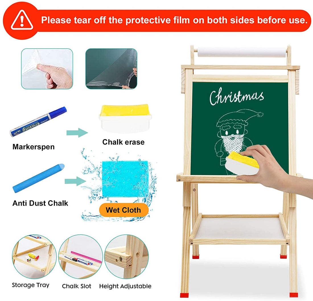 Kids Wooden Easel with Paper Roll,Adjustable Double Sided Wooden Kids Easel  Drawing Board with Magnetic Chalkboard,Paint Art Set for Kids Toddlers 2-4