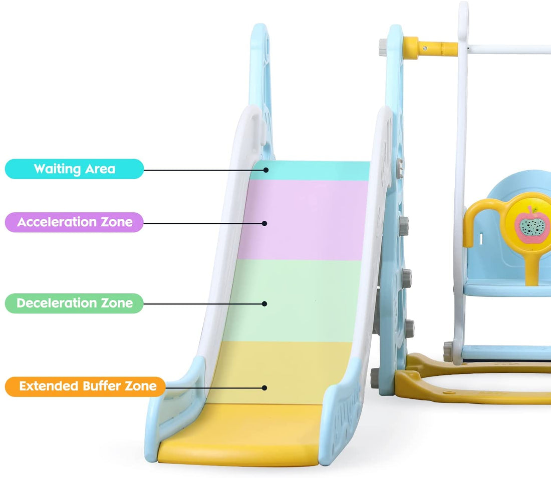 EALING BABY 6-In-1 Toddler Swing and Slide Play Set with Basketball Hoop and Soccer Goal Stand and Toddler Climber–All-in-one Activity Center for Backyard and Home -Blue