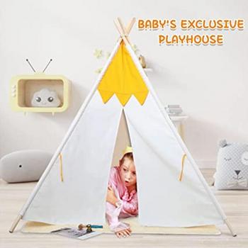 EALING BABY Kids Teepee Tent-Foldable Cotton Canvas Kids Playhouse with Tent Mat -Teepee Tent with Windows and Door Curtains -Outdoor andIndoor Playhouse-White and YellowPlay Tent for Boys and Girls