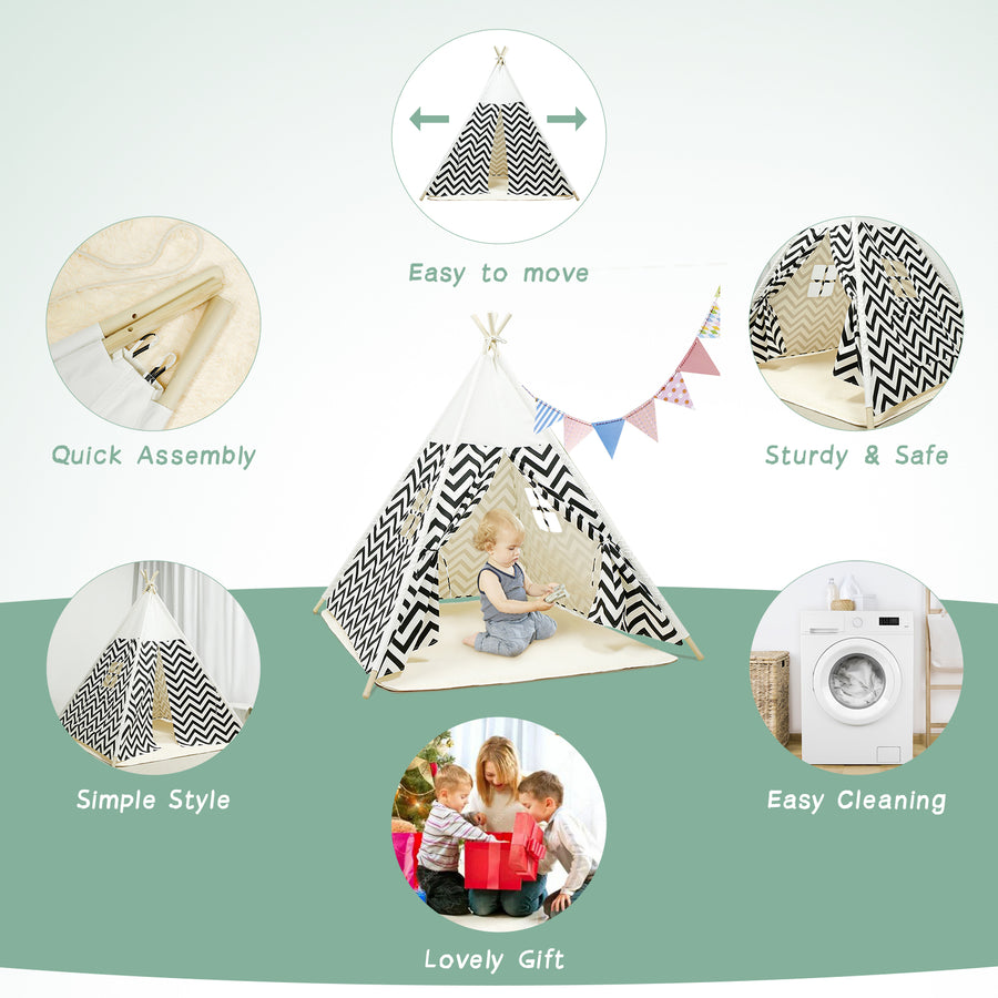 EALING BABY Kids Teepee Tent-Foldable Cotton Canvas Kids Playhouse with Tent Mat -Teepee Tent with Windows and Door Curtains -Outdoor andIndoor Playhouse- White Chevron Play Tent for Boys and Girls
