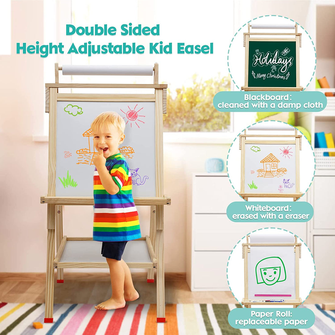 Deluxe Wood Childrens Easel  Double Sided White & Chalkboard