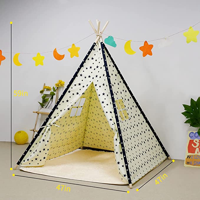 EALING BABY Kids Teepee Tent-Foldable Cotton Canvas Kids Playhouse with Tent Mat -Teepee Tent with Windows and Door Curtains -Outdoor andIndoor Playhouse- White Star Play Tent for Boys and Girls