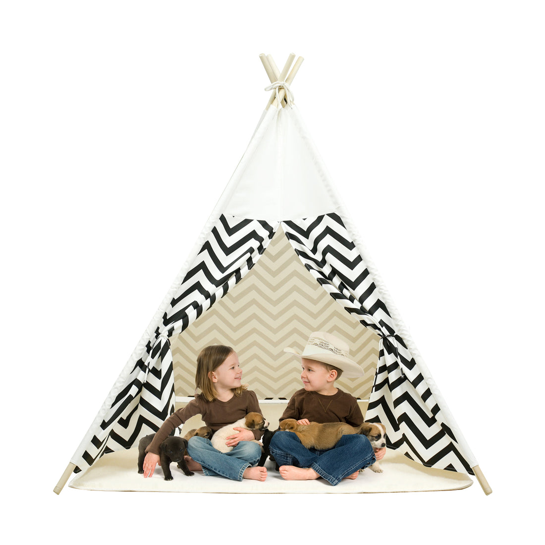 EALING BABY Kids Teepee Tent-Foldable Cotton Canvas Kids Playhouse with Tent Mat -Teepee Tent with Windows and Door Curtains -Outdoor andIndoor Playhouse- White  Chevron Play Tent for Boys and Girls