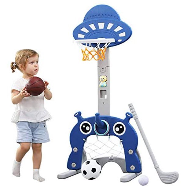 EALING BABY 5-in-1 Toddler Basketball Hoop Indoor Sports Activity Center -Soccer Goal, Golf, Ring Toss -Durable Play Set With Balls, Clubs, Pump, Rings -Multi-function IndoorToddler Sports ToyFor Kids 3-12 Years Old –Blue UFO