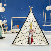 EALING BABY Kids Teepee Tent-Foldable Cotton Canvas Kids Playhouse with Tent Mat -Teepee Tent with Windows and Door Curtains -Outdoor andIndoor Playhouse- White Star Play Tent for Boys and Girls