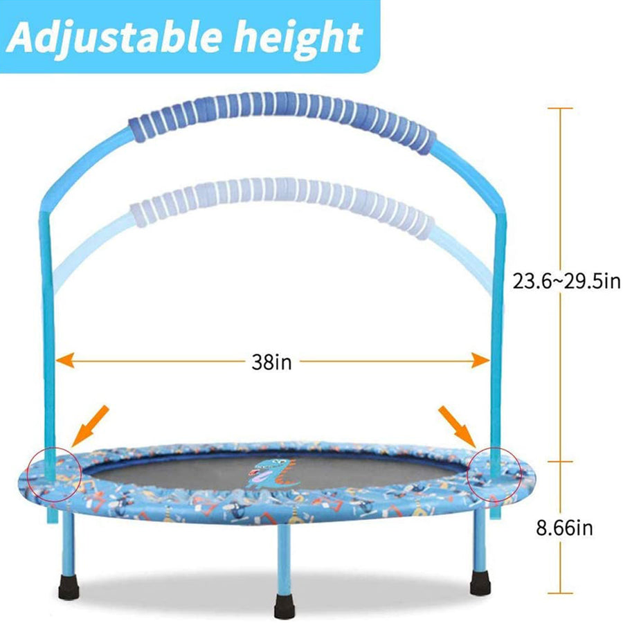 EALING BABY 38'' Kids Trampoline-Mini Trampoline With Foldable Bungee -Toddler TrampolineWith Rebounder Adjustable Handrail And Padded Cover -Blue Dinosaur Outdoor-Indoor Trampoline For Exercise