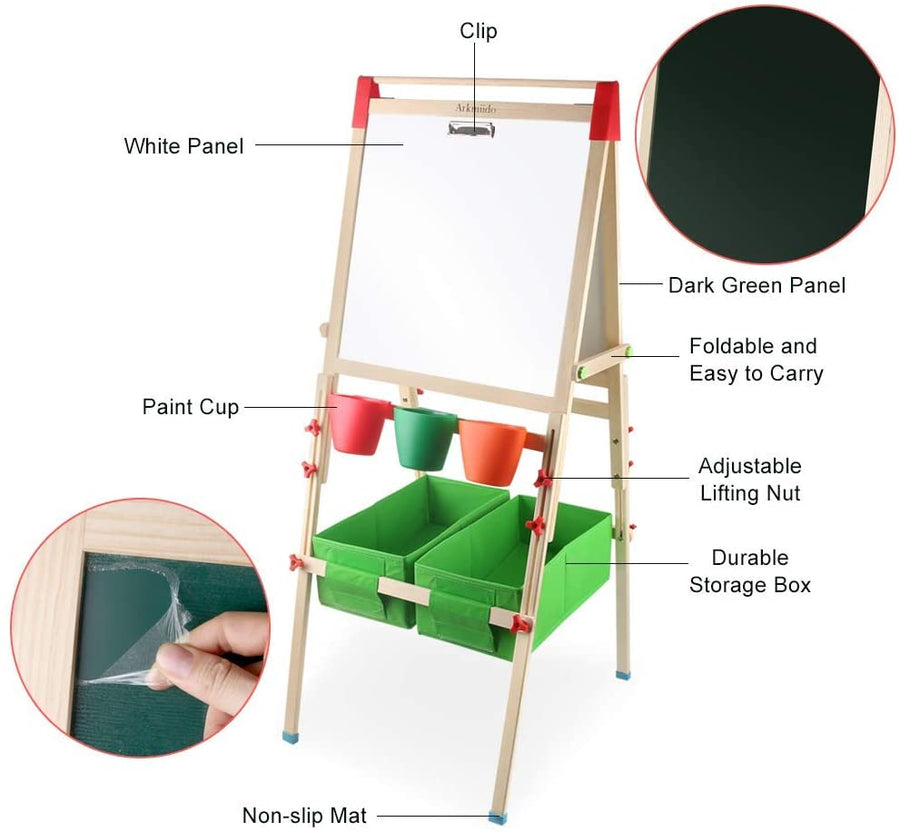 Ealing Baby Art Easel for Kids-3-In-1Art Easelwith Dry-Erase Board, Chalkboard and Paper Roll -Standing Art Easelwith Art Supply Storage, Magnetic Letter and Numbers–GreenColorLearningKid Easel