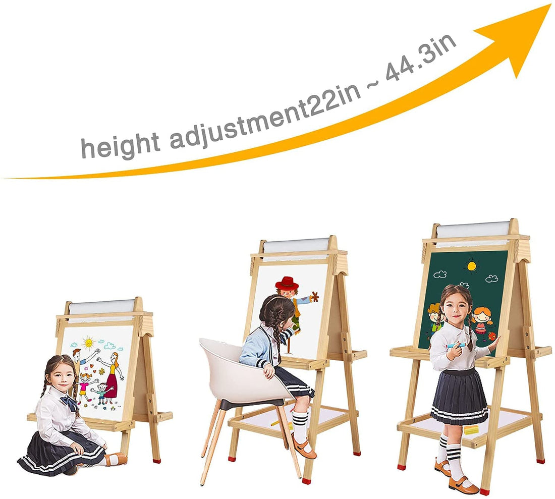 Ealing Kids Art Easel for Kids Toddlers with Magnetic Chalkboard Ages 2 4 6  8, Double-Sided Standing Wooden Painting Easel Adjustable Dry-Erase Board 