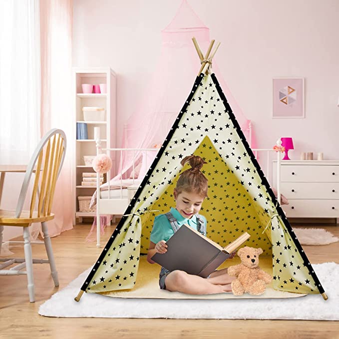 EALING BABY Kids Teepee Tent-Foldable Cotton Canvas Kids Playhouse with Tent Mat -Teepee Tent with Windows and Door Curtains -Outdoor andIndoor Playhouse- White Star Play Tent for Boys and Girls
