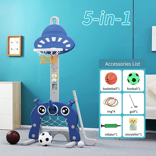 EALING BABY 5-in-1 Toddler Basketball Hoop IndoorSports Activity Center -Soccer Goal, Golf, Ring Toss -Durable Play Set With Balls, Clubs, Pump, Rings -Multi-function Indoor Toddler Sports Toy For Kids 3-12 Years Old –Blue UFO