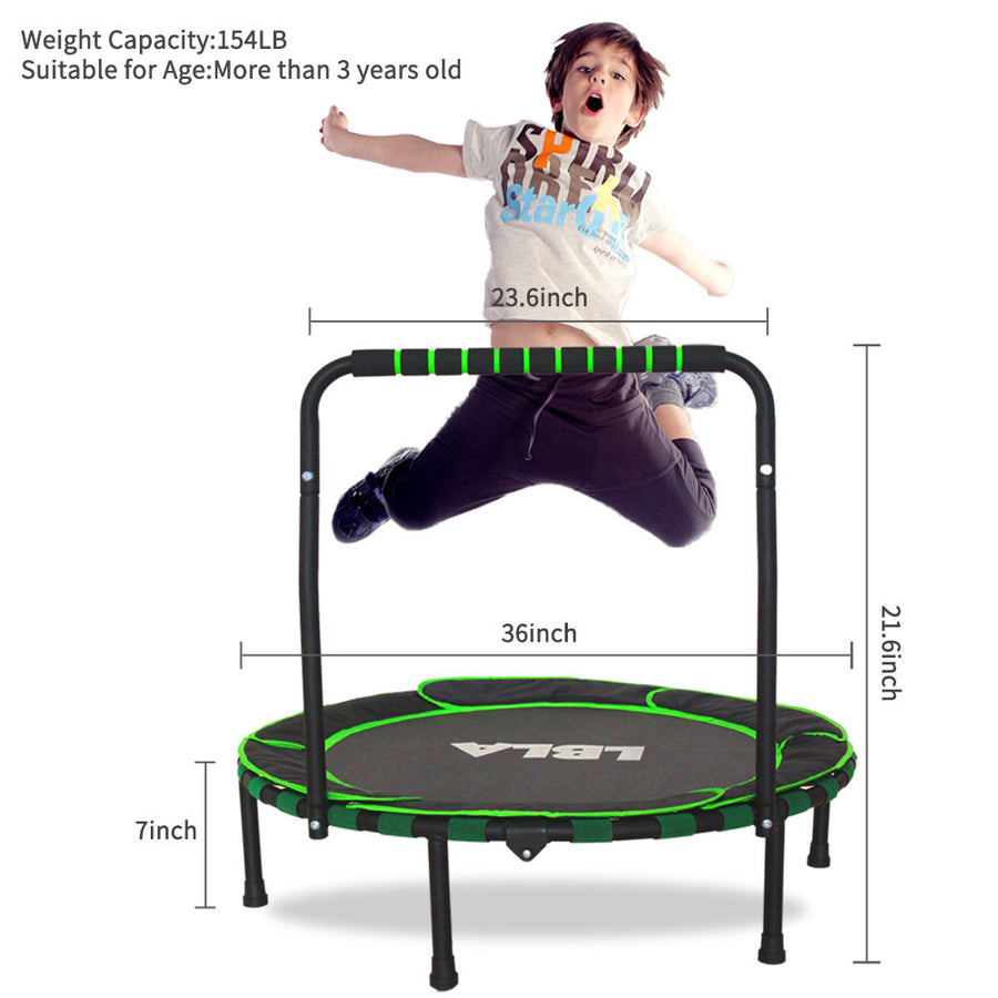EALING BABY 36'' Kids Trampoline-Mini Trampoline With Foldable Bungee -Toddler TrampolineWith Rebounder Adjustable Handrail And Padded Cover -Black -Green Outdoor-Indoor TrampolineFor Exercise