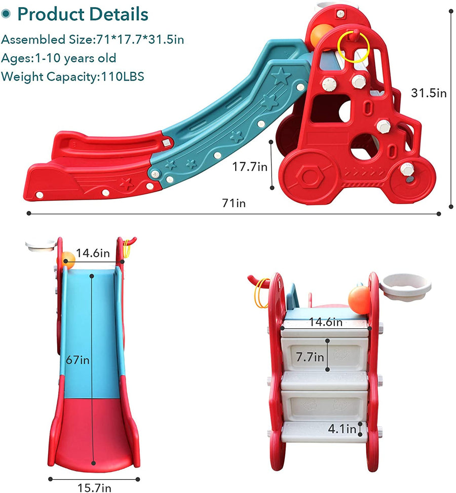 EALING BABY4 in 1 Car Shape Kids Slide-Toddler Climbing Toy With Basketball Hoop, Ring Toss And Slide -Toddler Slides With Big Buffer Area For Kids Gift -Red Inside/Outside Play set For 3-6 Years