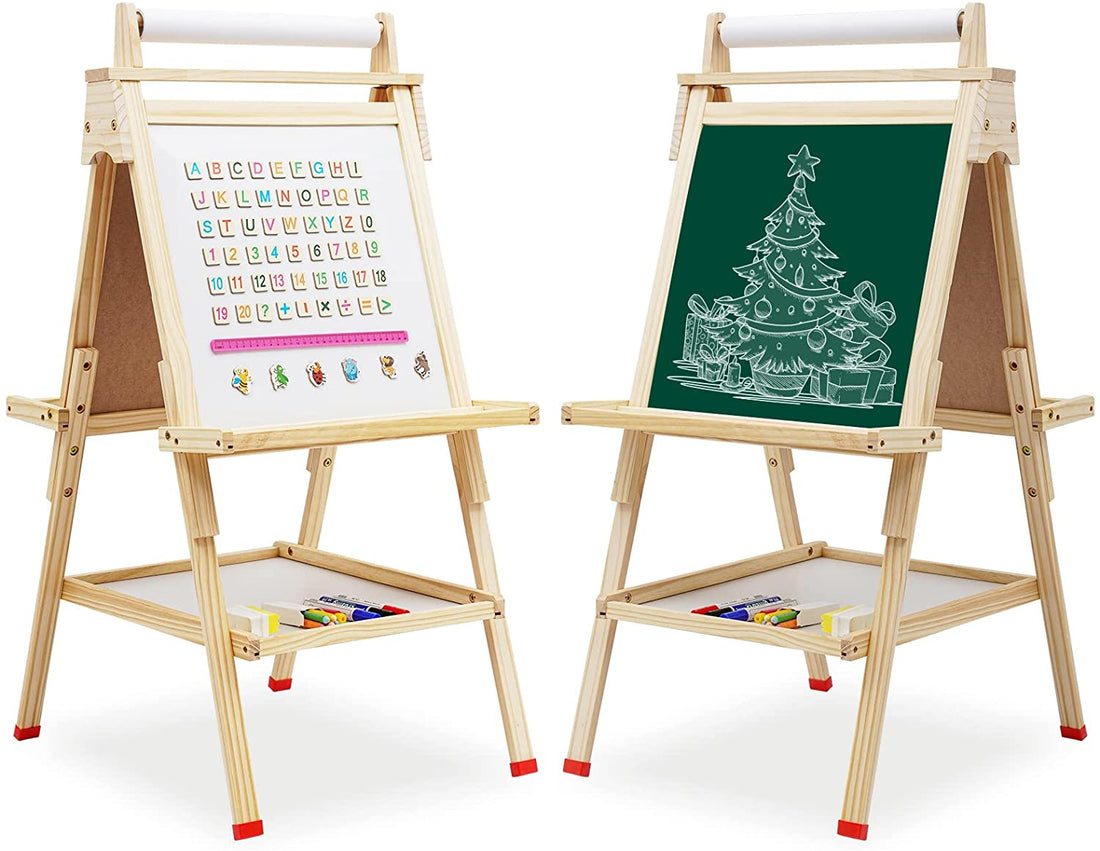 EALING BABY Art Easel For Kids With Dry-Erase Board, Chalkboard, Paper Roll, Art Supply Tray, Magnetic Letter And NumbersEasel Accessories, Kids ArtLearning Toys–Natural Wood Color