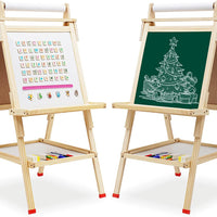 EALING BABY Art Easel For Kids With Dry-Erase Board, Chalkboard, Paper Roll, Art Supply Tray, Magnetic Letter And NumbersEasel Accessories, Kids ArtLearning Toys–Natural Wood Color
