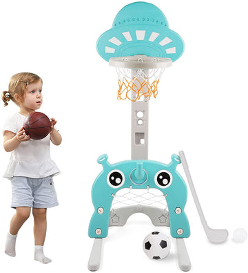EALING BABY 5-in-1 Toddler Basketball Hoop IndoorSports Activity Center -Soccer Goal, Golf, Ring Toss -Durable Play Set With Balls, Clubs, Pump, Rings -Multi-functionIndoorToddler Sports ToyFor Kids 3-12 Years Old –Green UFO